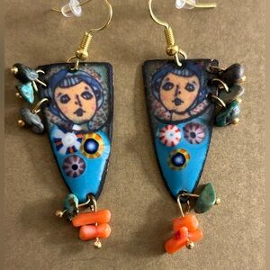 NWOT Earrings French Copper Enamels “Blue Madonna” Branch Coral Turquiose stones